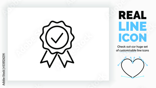 Editable real line icon of certified success  with a checkmark