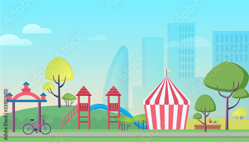 Children playground in big city cartoon flat landscape background vector illustration. Colorful attractions, striped tent, trees, playful slides, sandbox with tiny baskets, skyscrapers in mist