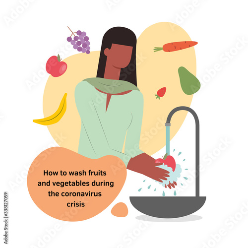 Vector isolated illustration of a black indian woman washing healthy fresh fruits and vegetables in a flat design style. Girl character in indian national costume in a modern style during coronavirus 