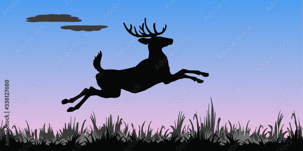 isolated image of a leaping deer, black silhouette against the morning sky, isolated image of a leaping deer, black silhouette against the morning sky,