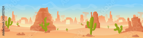 Stony sandy desert landscape panorama flat cartoon vector illustration background. Panoramic wild lifeless nature, hot dry waterless ground under scorching sun, green cactuses. Horizontal banner game