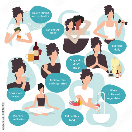 Vestor set of flat illustrations. How to boost your immune system.