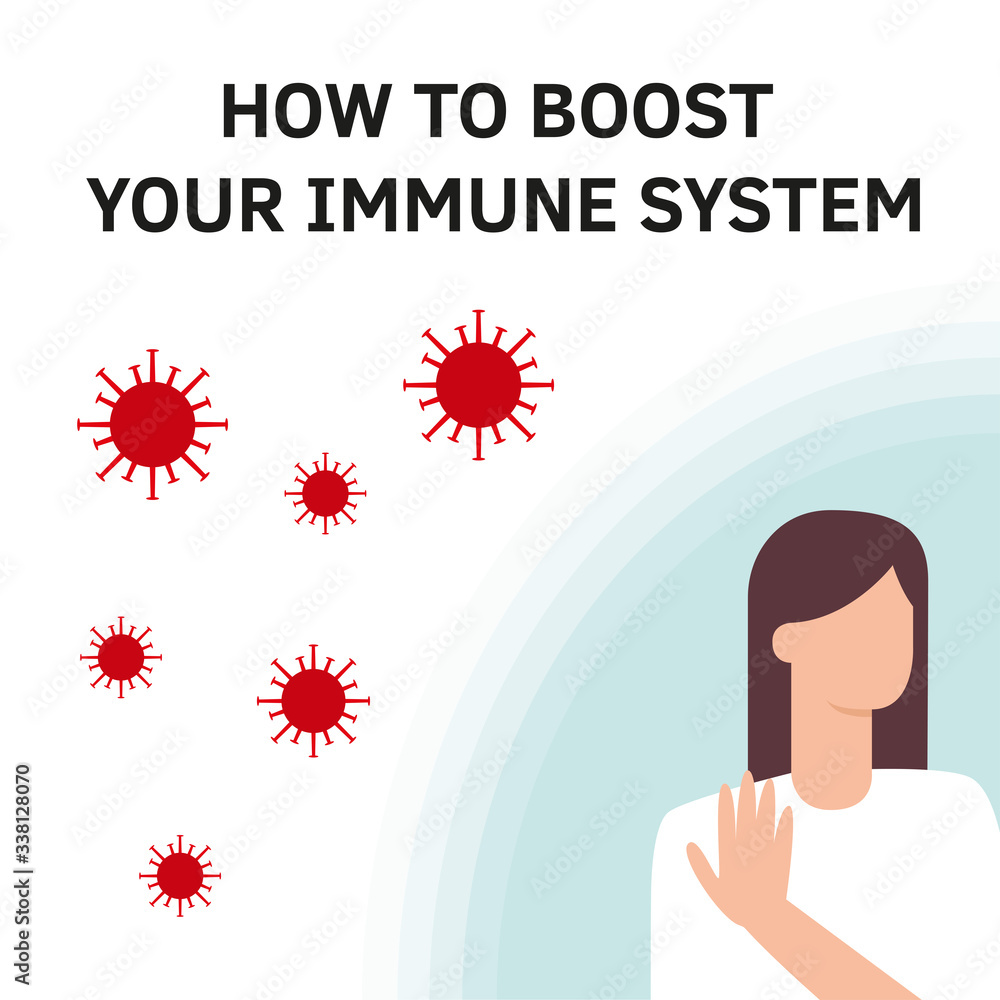 Immune system boost vector illustration. Health bacteria virus protection. Medical prevention human germ. Healthy woman reflect bacteria attack with hand. Boost Immunity with medicine concept.