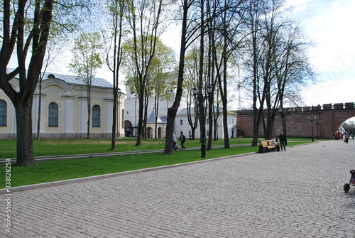 Novgorod Detinets (Kremlin) is citadel of Veliky Novgorod, Russia. It stands on left bank of Volkhov River about two miles north of where it empties out of Lake Ilmen. photo