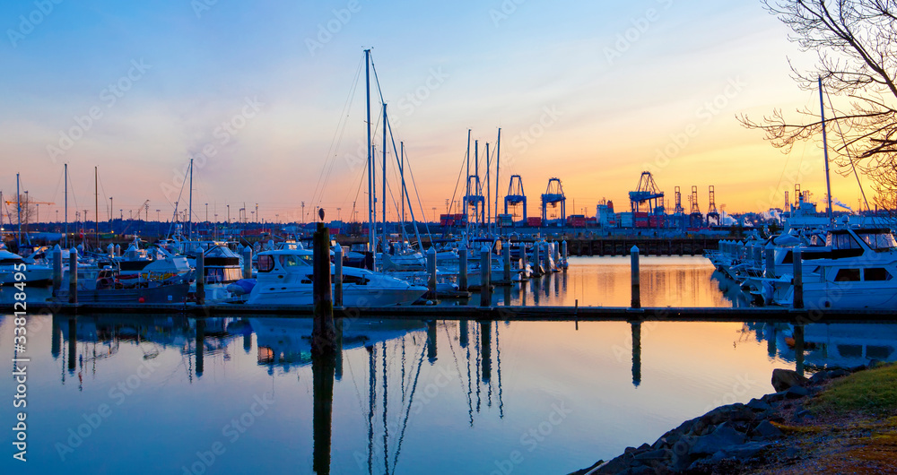 Sunset  view of port  and marina. Tacoma, WA