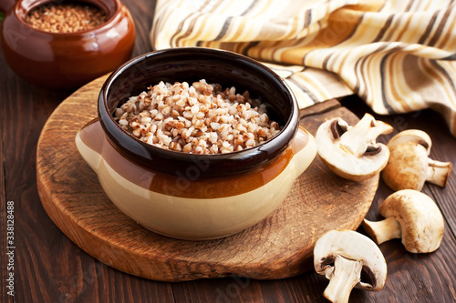 Crumbly buckwheat porridge with mushrooms, food healthy