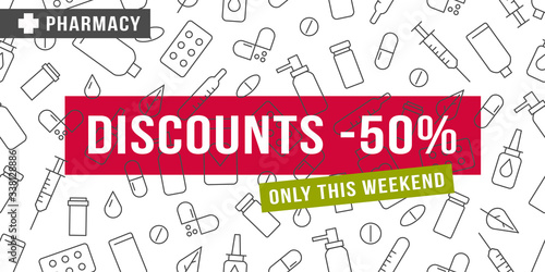 Pharmacy discount promo poster with bright text on textured background of line medical drugs icons