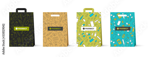 Paper bag for drugstore or pharmacy with illustrative pattern of line icons of drugs, package cover wrapping set