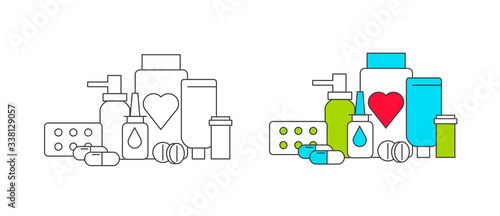 Medical drugs, pills and bottles icons in composition, line and in color sets for different illnesses