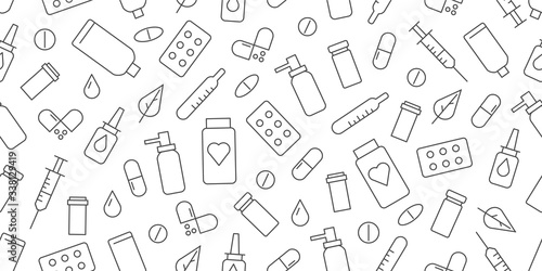 Simple line icons seamless pattern with simple linear icons for pharmacy store or hospital needs, wallpaper or wrapping cover, black and white