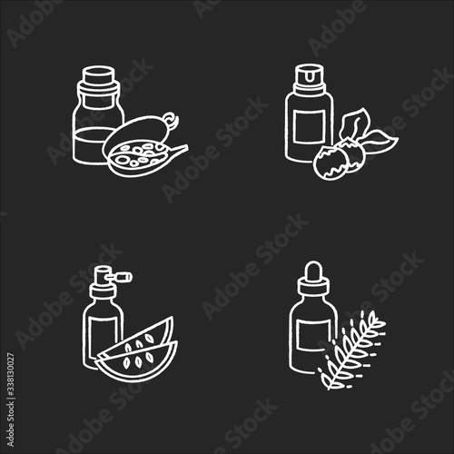 Hair oils chalk white icons set on black background. Natural grape seed extract. Macadamia raw nuts. Ripe kalahari melon slices. Rosemary herbs. Isolated vector chalkboard illustrations