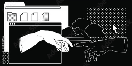 Surreal vaporwave style collage with two hands going to touch together and user interface elements, frames, file icons and windows.
