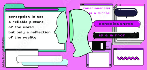 Surreal vaporwave style collage with head splitted in two parts and user interface elements, frames, file icons. Transgressive conceptual modern art.