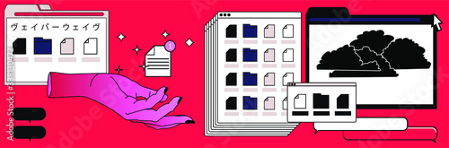 Surreal style collage with hand and user interface elements, frames, file icons. Transgressive conceptual modern art. Japanese text means "Vaporwave".