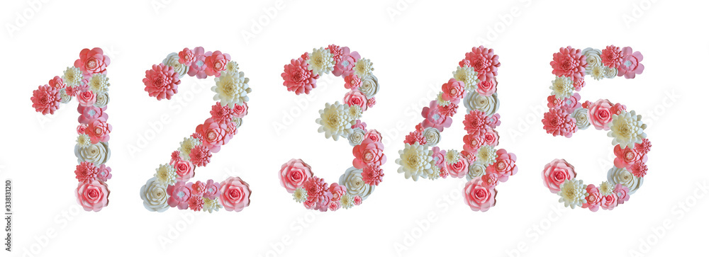 Numbers from paper flowers. Numbers. Pink and white flowers.