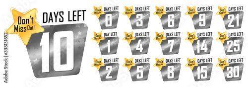 Set countdown tags, number days left banners design template, vector illustration