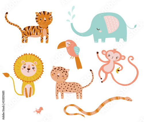 Vector cute animal character set, lion, toucan, leopard, tiger, elephant, bird, snake clip art