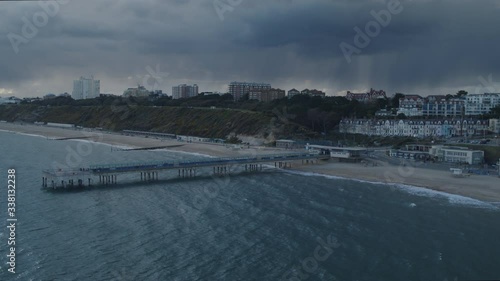 Aerial shot of Boscombe Pier, with Boscombe and Bournemouth in the background as a large storm passes.