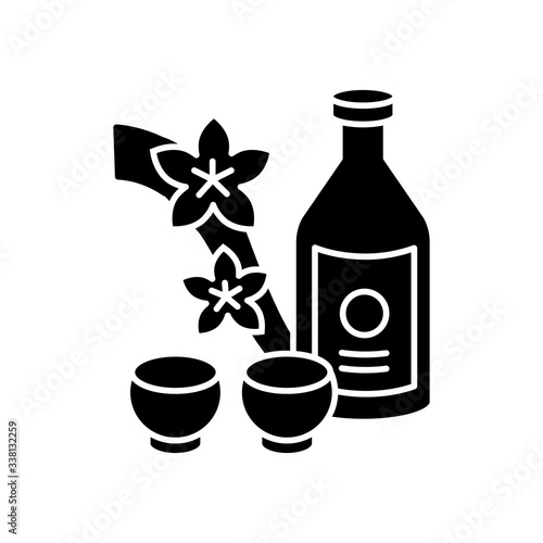 Sake black glyph icon. Japanese rice wine and sakura branch. Korean soju drink with two mugs. Asian liquor in bottle with shot cups. Silhouette symbol on white space. Vector isolated illustration