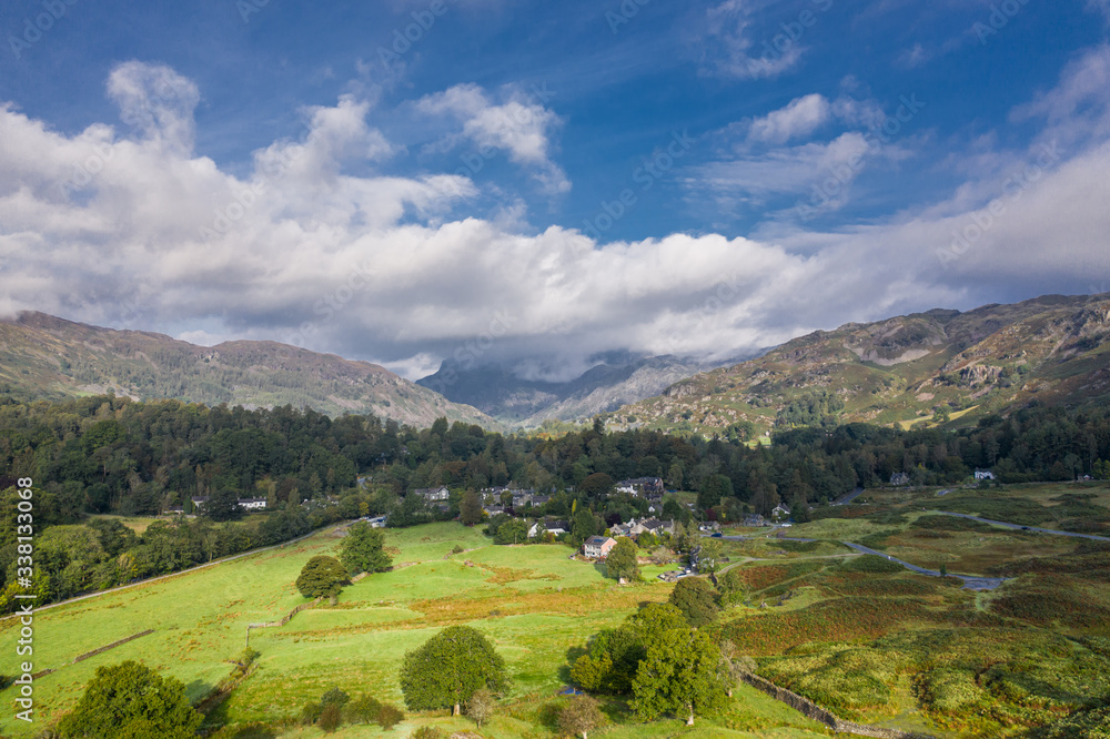 Aerial View over Scenic Village in Lake District