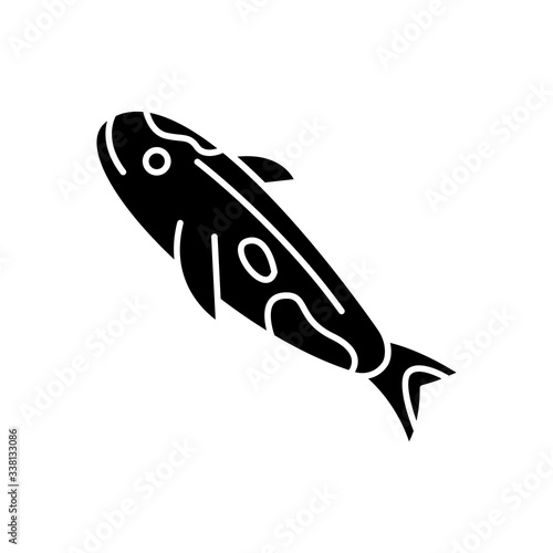 Koi carp black glyph icon. Japanese fish as luck symbol. Exotic chinese goldfish. Underwater wildlife animal. Cath and lure, fishery. Silhouette symbol on white space. Vector isolated illustration