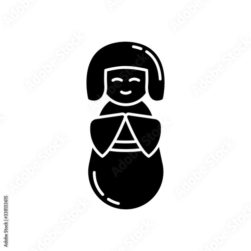 Kokeshi black glyph icon. Traditional japanese wooden doll. Cute geisha in kimono. Children toy in oriental style. Japanese mascot. Silhouette symbol on white space. Vector isolated illustration