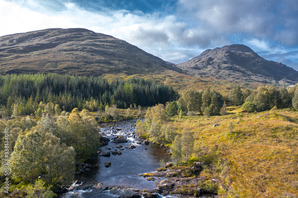 Aerial View over Moriston River at Early Autumn in Highlands of Scotland Aerial View over Moriston River at Early Autumn in Highlands of Scotland