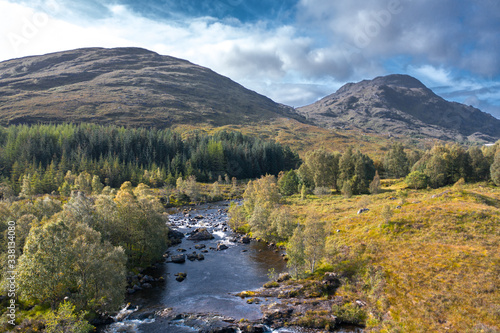 Aerial View over Moriston  River at Early Autumn in Highlands of Scotland