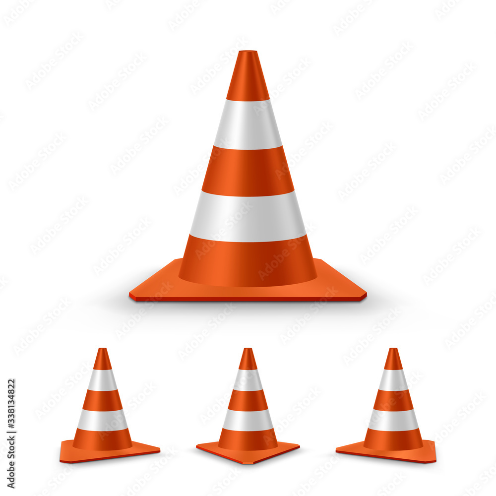 Traffic cones set. Red realistic road plastic cones with white striped. Vector illustration. Traffic cones set. Red realistic road plastic cones with white striped. Vector illustration.