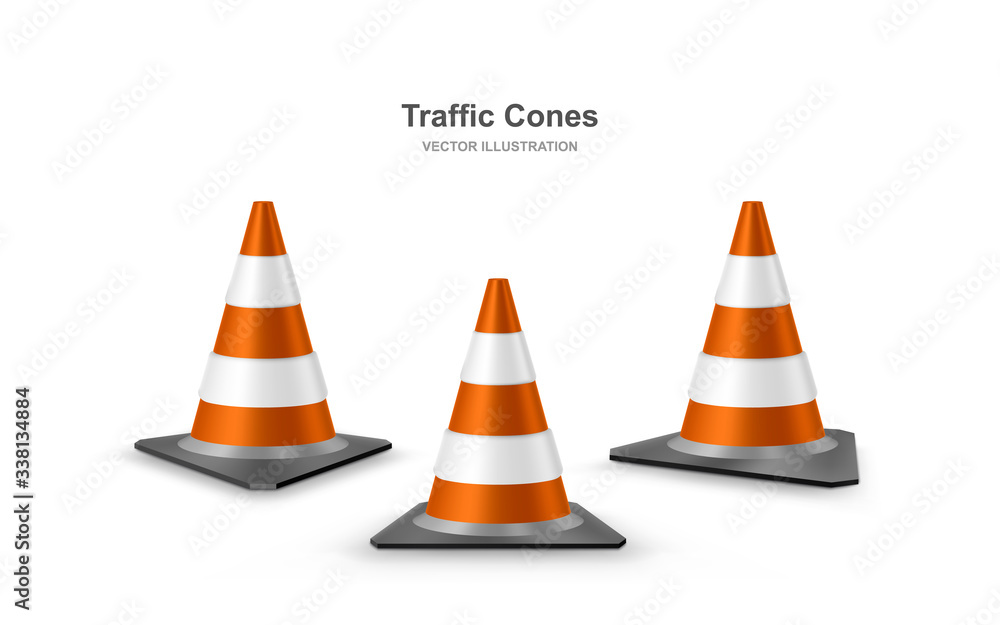 Traffic cones set. Red realistic road plastic cones with white striped. Vector illustration. Traffic cones set. Red realistic road plastic cones with white striped. Vector illustration.