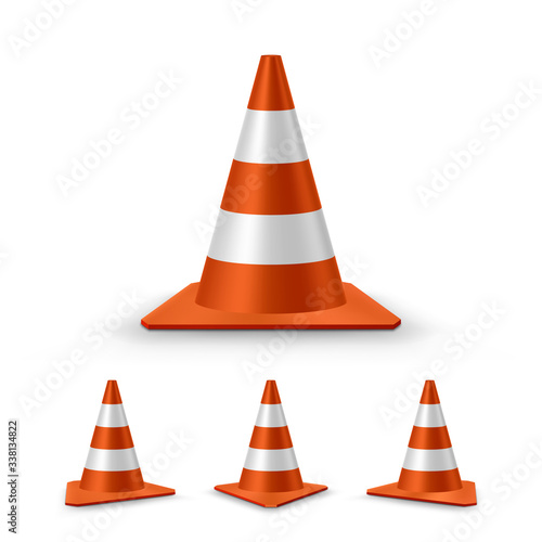 Traffic cones set. Red realistic road plastic cones with white striped. Vector illustration.