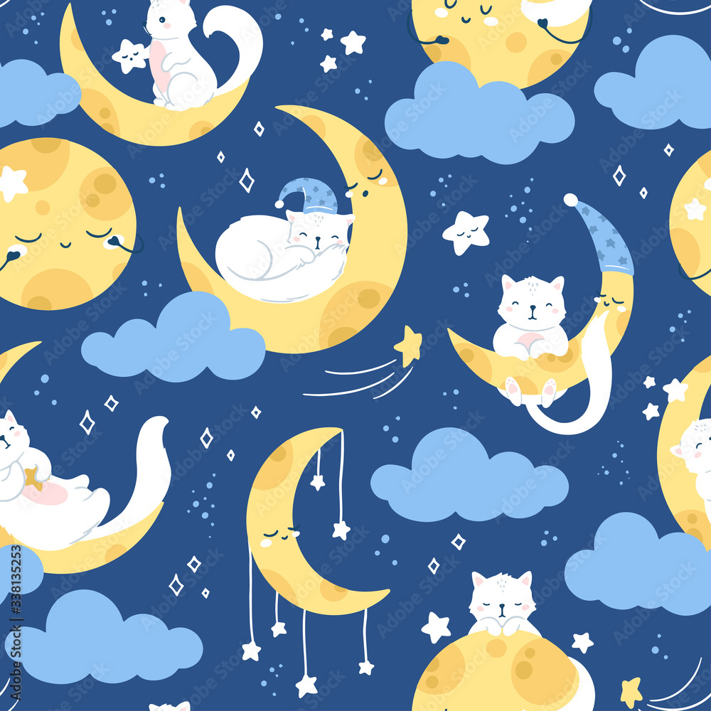 Fototapeta premium Seamless vector pattern, cute white cat sleeping on a moon, starry night sky