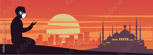 protective surgical mask a man praying in Ramadan in front of mosque coronavirus (COVID-19) Concepts vector