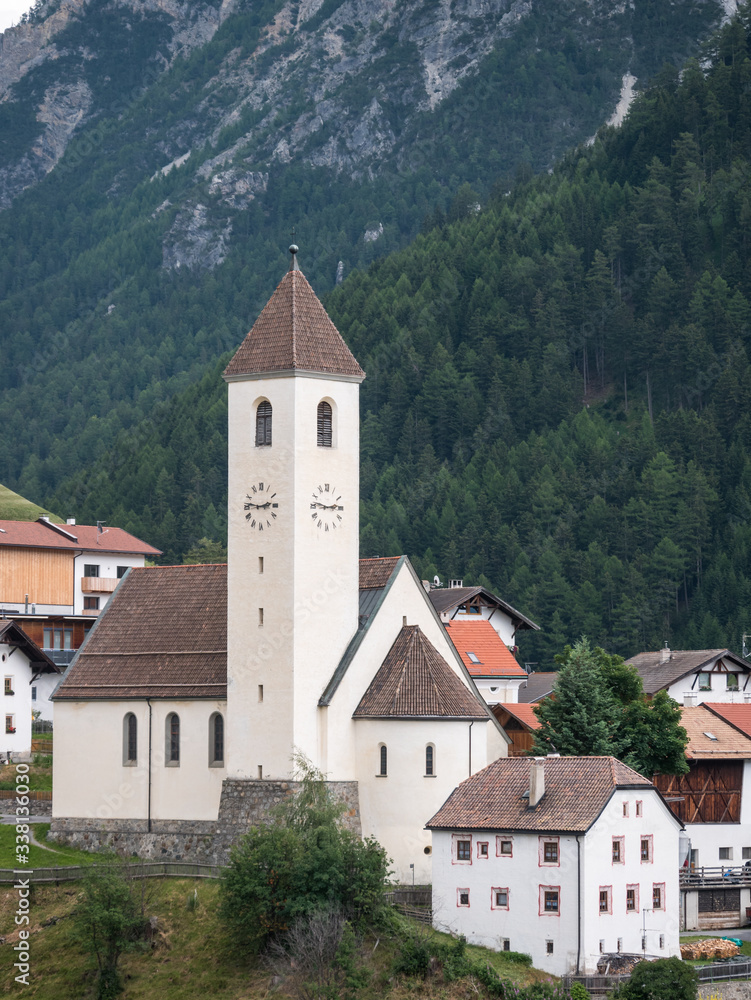 View over the church and the village of Graun/Curon, Vinschgau/Venosta, Italy
