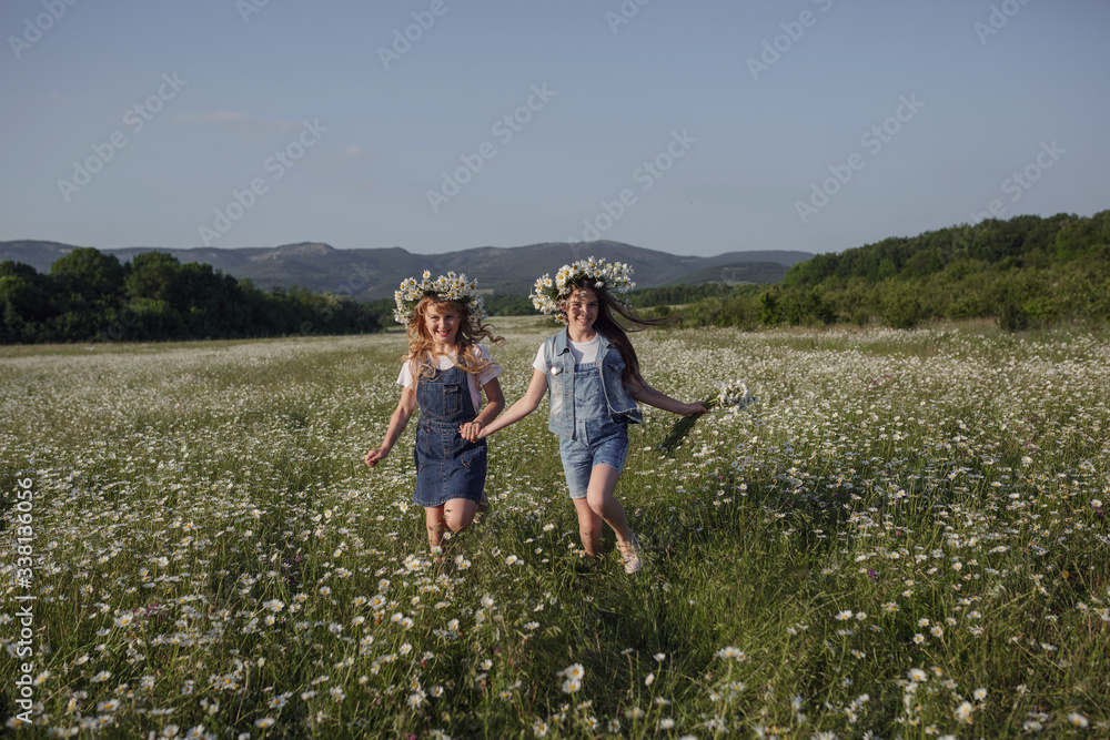 Fototapeta premium two cute teen girls in denim overalls walk in a daisy field