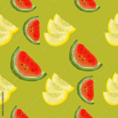Fototapeta Naklejka Na Ścianę i Meble -  Summer bright pattern of slices of watermelon on a white background