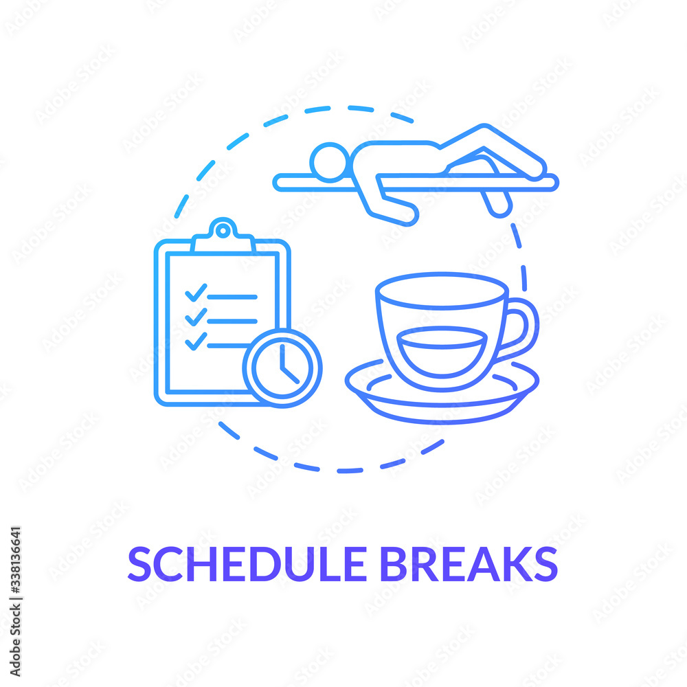 Schedule breaks blue concept icon. Free time from work. Pause from studying. Overworked employee. Selfcare measure idea thin line illustration. Vector isolated outline RGB color drawing