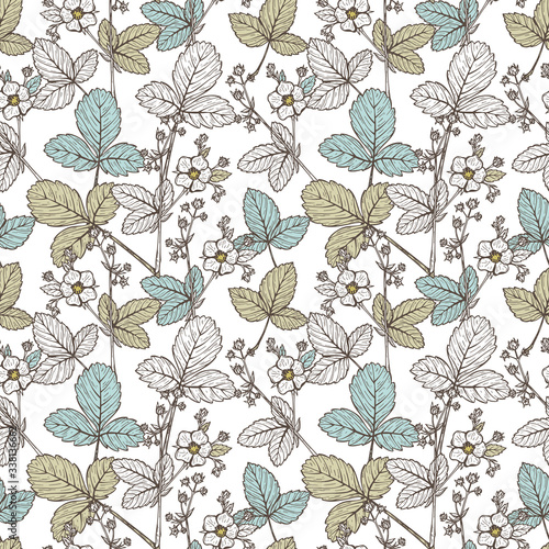 Strawberry Tea Seamless Pattern. Hand drawn Sketch Strawberry Flower and Strawberry Leaf. Vector Flowers and Leaves. Medicinal Plants. Alternative Medicine Floral Background

