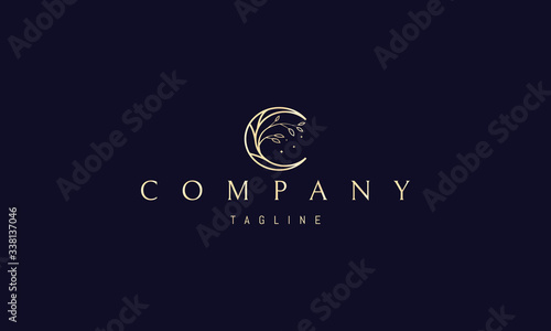 Vector golden logo on which an abstract image of an elegant moon with a twig.