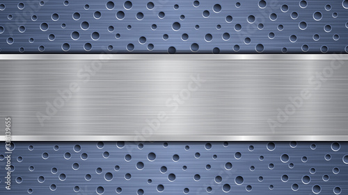 Background of blue perforated metallic surface with holes and horizontal silver polished plate with a metal texture, glares and shiny edges