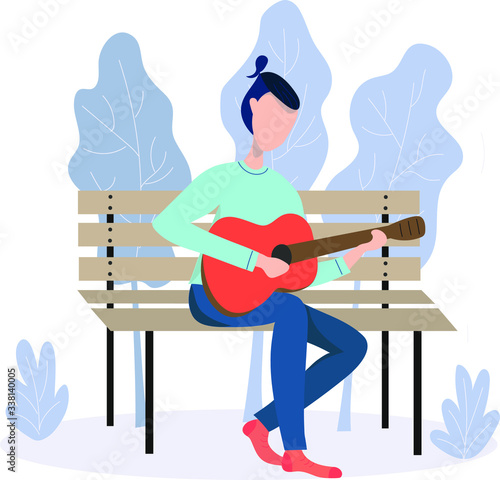 The guitarist plays on a bench
