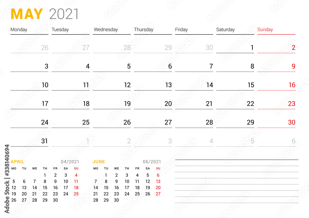 Calendar template for May 2021. Business monthly planner. Stationery design. Week starts on Monday. Vector illustration Calendar template for May 2021. Business monthly planner. Stationery design. Week starts on Monday. Vector illustration