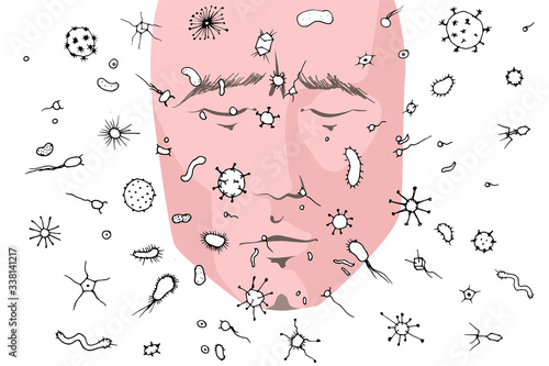 Lots of bacteria and viruses in the air and in particles, virus transfer by airborne droplets, concept. Human face and various bacteria and viruses, vector illustration, quarantine and pandemics