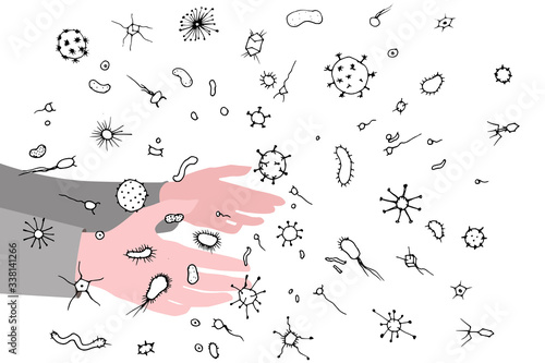 Lots of bacteria and viruses in the air and in particles, virus transfer by airborne droplets, concept. Human hand and various bacteria and viruses, vector illustration, quarantine and pandemics