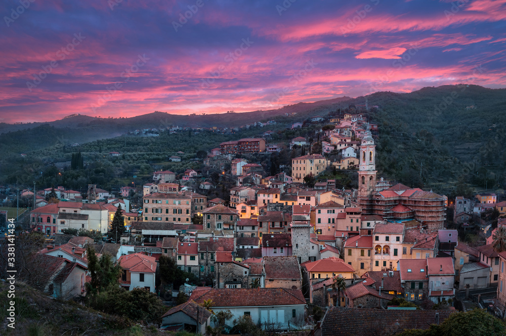 Panorama of Dolcedo at dusk - small town located in Ligurian Alps, Italy. 