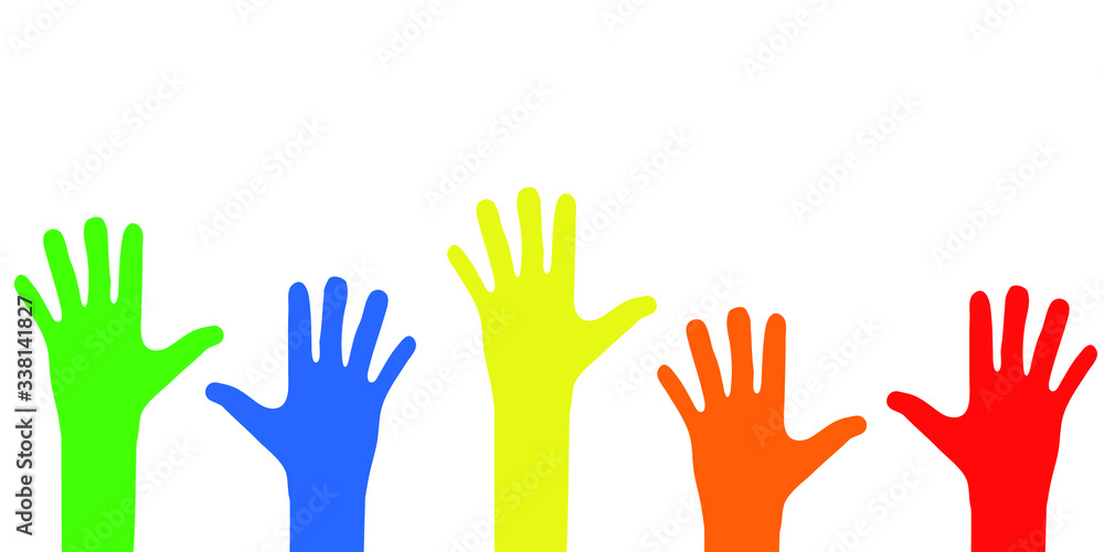 Colored rainbow children's hands up on a white background. Vector illustration isolated. World children's day. Summer holidays. Back to school. Colored rainbow children's hands up on a white background. Vector illustration isolated. World children's day. Summer holidays. Back to school.