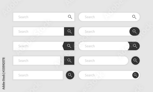 Search bar vector element with diferent design, set of ten search boxes ui template on gray background. Vector