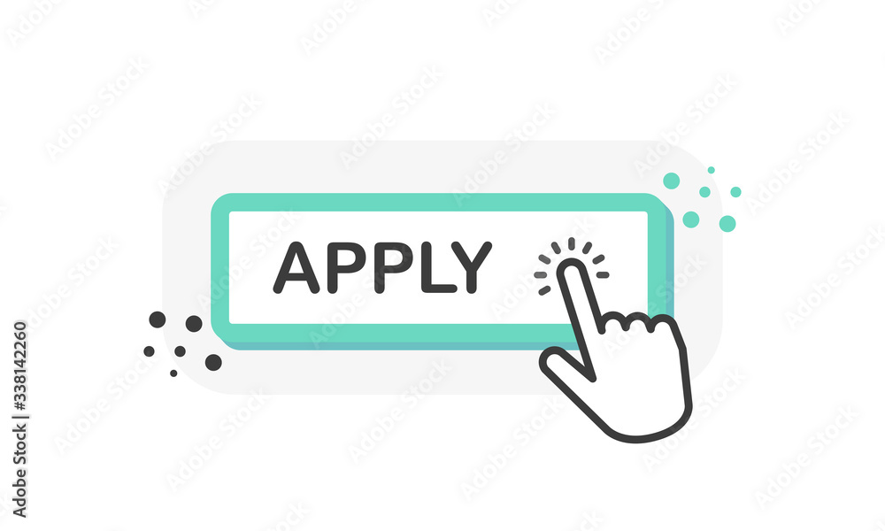 Apply green 3D button with hand pointer clicking. White background. Vector Apply green 3D button with hand pointer clicking. White background. Vector