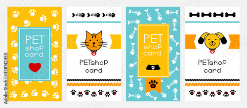Pet shop cards collection. Vector vertical flyers in blue and orange colors.