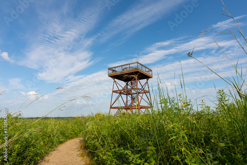 Observation deck on a hot and sunny summers morning.  Dixon waterfowl refuge, Hennepin, Illinois. 